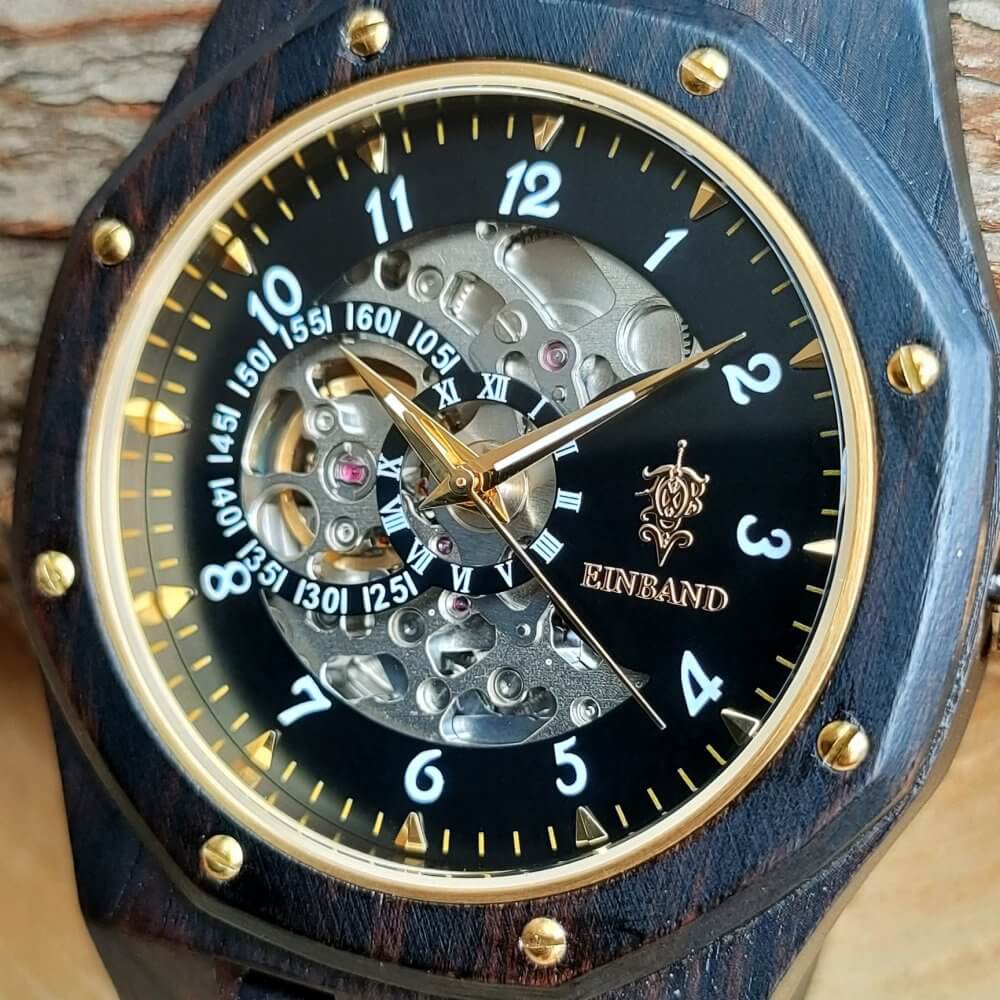 自動巻き木製腕時計 ブラック文字盤 エボニーウッド 46mm 男性向け Meteor Ebony Wood