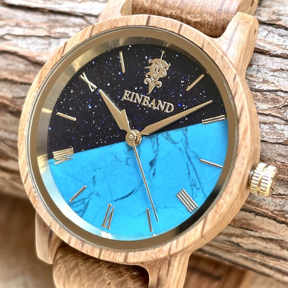 ターコイズの木製腕時計 32mm 女性向け Reise Blue sandstone × Turquoise & Oak Wood