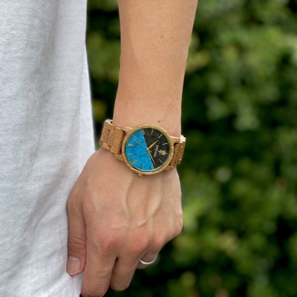 ターコイズの木製腕時計 40mm 男性向け Reise Blue sandstone × Turquoise & Oak Wood